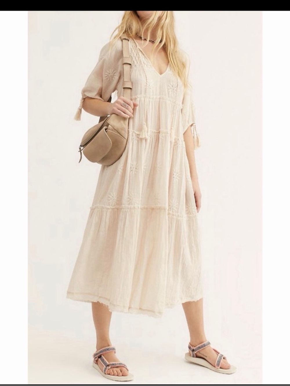 Free People Cream Tiered V-Neck Midi Dress